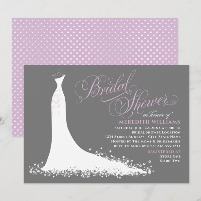 Elegant Purple Grey Wedding Gown Bridal Shower Invitation (Front/Back)