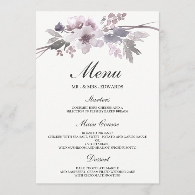 Elegant Purple Grey Winter Floral Wedding Menu (Front)