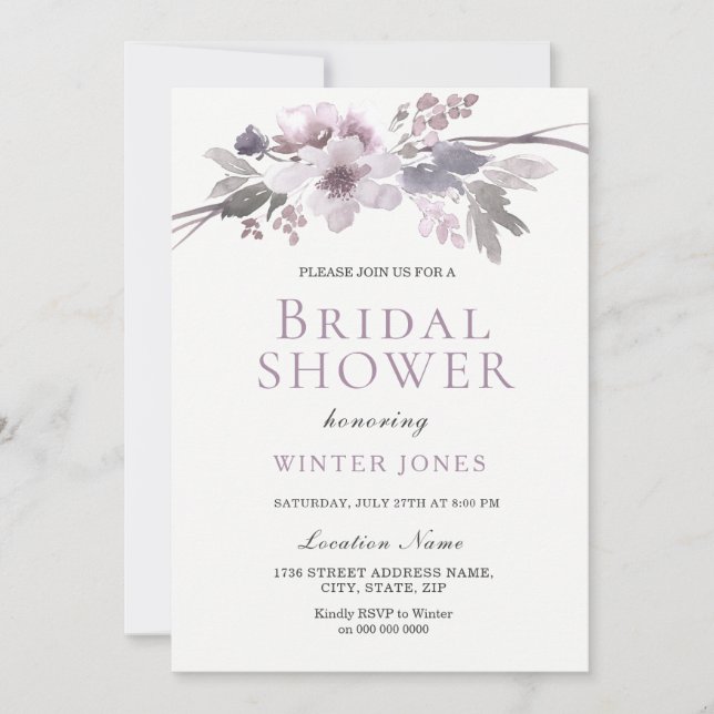 Elegant Purple Grey Winter Flowers Bridal Shower Invitation (Front)