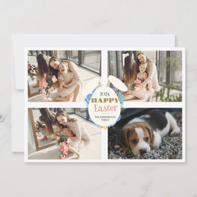 Elegant Purple happy Easter Ears Eggs Family photo Holiday Card (Front)