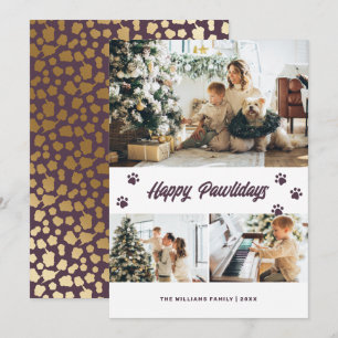 Elegant Purple Happy Pawlidays Gold Stars Photo Holiday Card