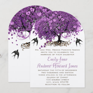 Elegant Purple Heart Leaf Tree Wedding Invitation