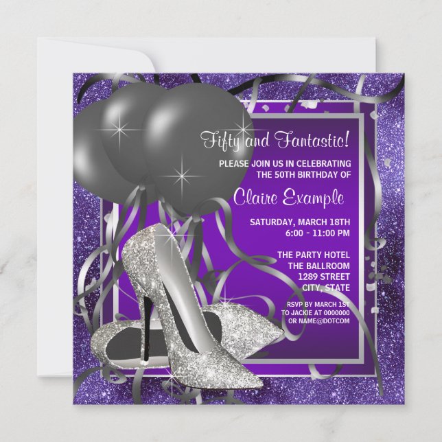 Elegant Purple High Heels Birthday Party Invitation (Front)