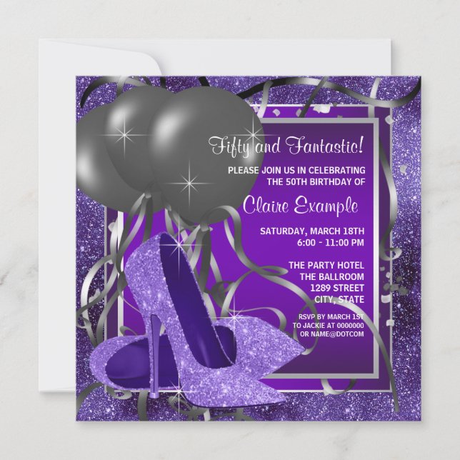 Elegant Purple High Heels Womans Birthday Party Invitation (Front)