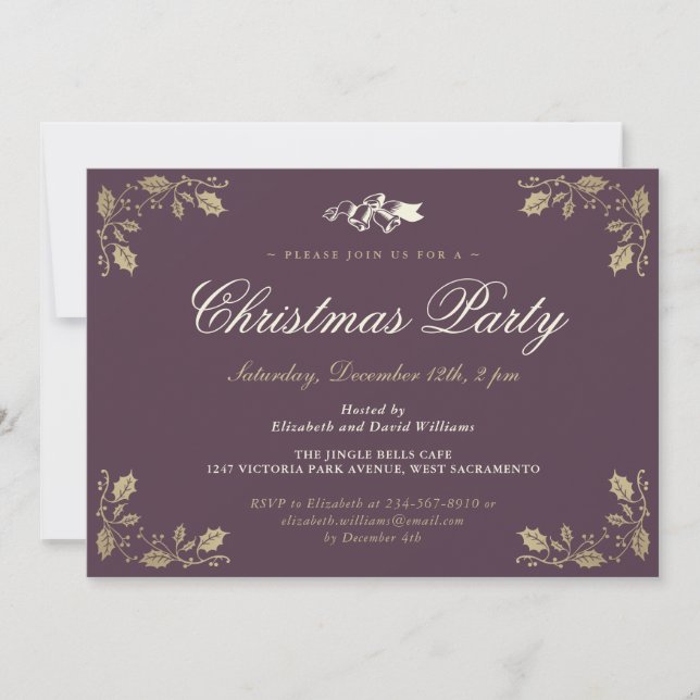 Elegant Purple Holly Bells Christmas Holiday Party Invitation (Front)
