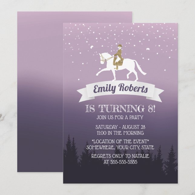 Elegant Purple Horseback Riding Horse Birthday Invitation (Front/Back)
