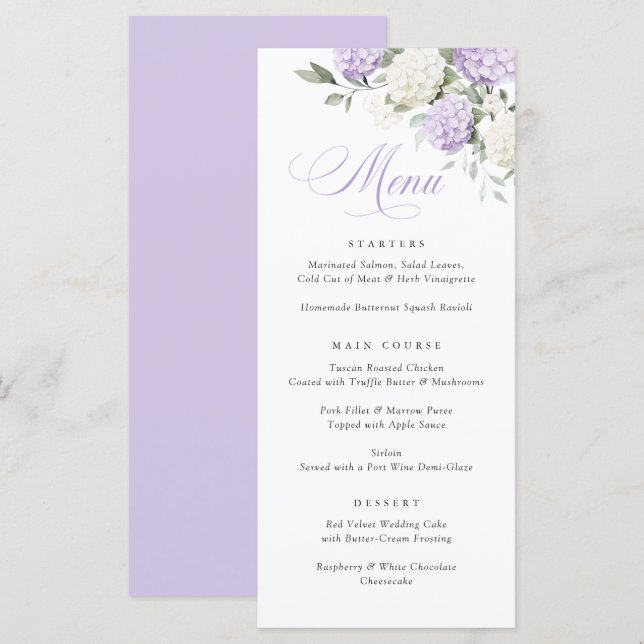Elegant Purple Hydrangea Greenery Wedding Menu (Front/Back)