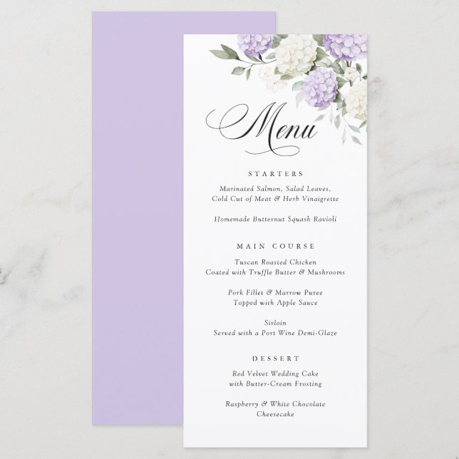 Elegant Purple Hydrangea Greenery Wedding Menu (Front/Back)