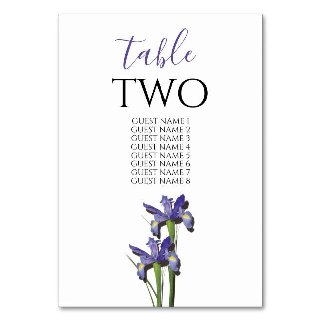 Elegant Purple Iris Wedding Guest Names Table Number (Front)