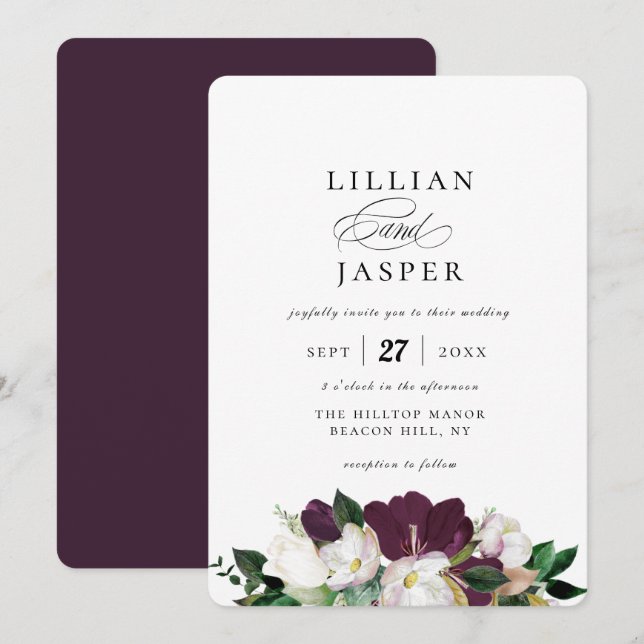 Elegant Purple Ivory Floral Bouquet Wedding Invitation (Front/Back)