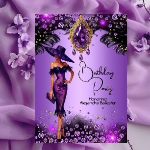 Elegant Purple Jewels Dress Gold Birthday Party Invitation