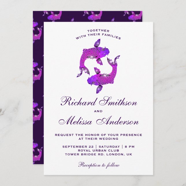 Elegant Purple Koi Fish Wedding Invitation (Front/Back)