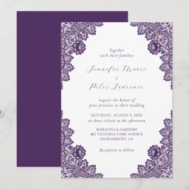 Elegant Purple Lace Wedding Invitation (Front/Back)