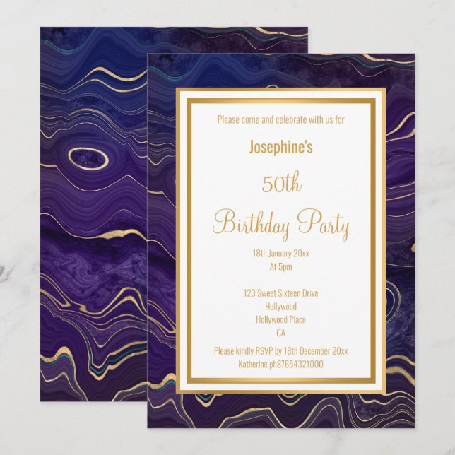 ELEGANT PURPLE LAVA MARBLE BIRTHDAY INVITATION (Front/Back)