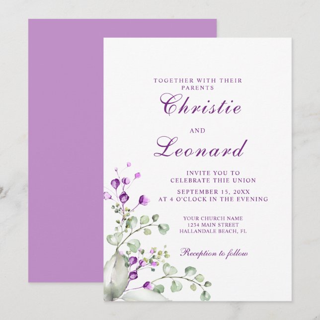 Elegant Purple Lavander Flowers Wedding Invitation (Front/Back)