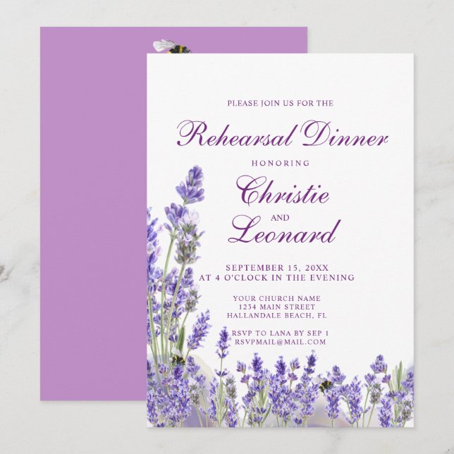 Elegant Purple Lavander Flowers Wedding Rehearsal Invitation (Front/Back)