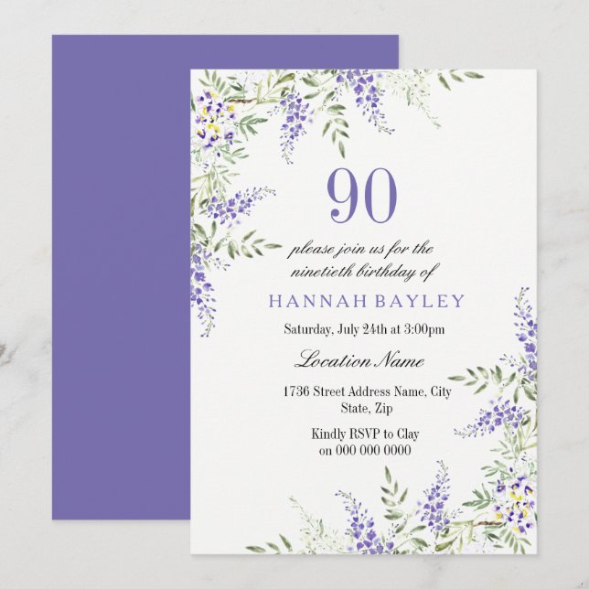 Elegant Purple Lavender 90th Birthday Invite (Front/Back)