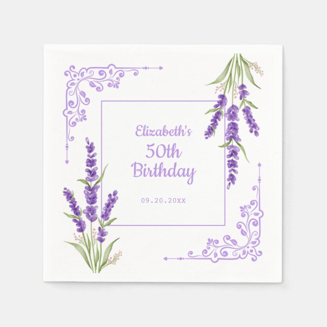 Elegant Purple Lavender Antique Frame Birthday Napkin (Front)