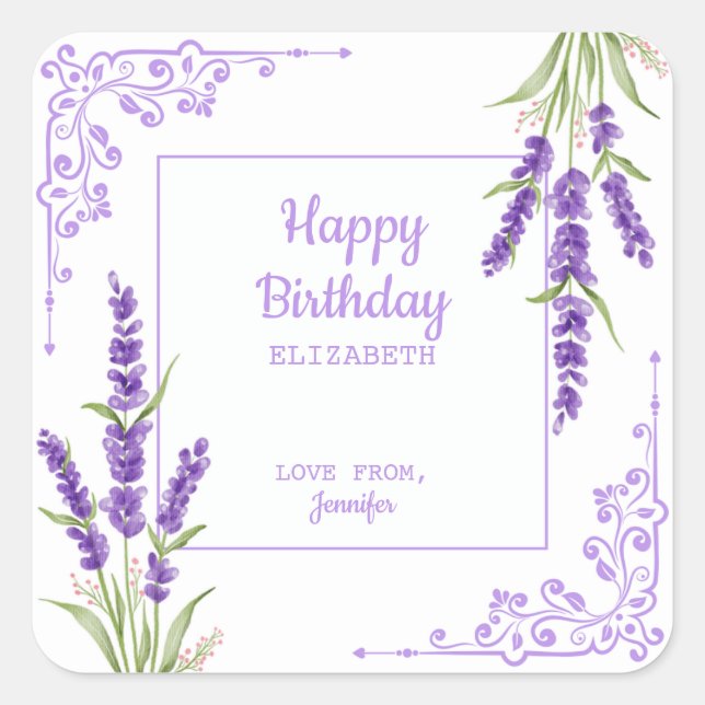 Elegant Purple Lavender Antique Frame Birthday Square Sticker (Front)