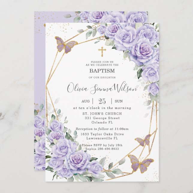 Elegant Purple Lavender Floral Baptism Christening Invitation (Front/Back)