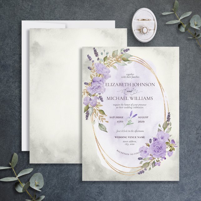 Elegant Purple Lavender Floral Gold Watercolor Invitation (Creator Uploaded)