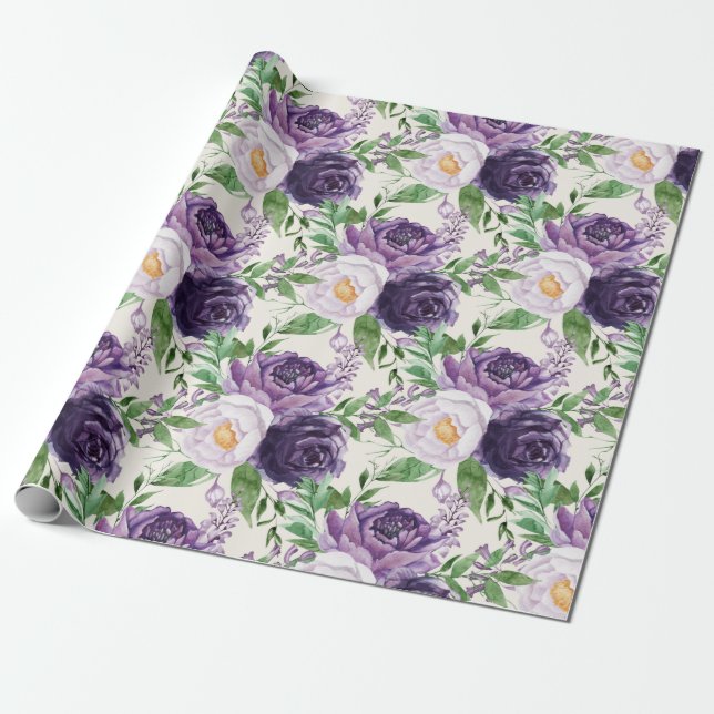 Elegant Purple Lavender Floral Greenery Botanical Wrapping Paper (Unrolled)