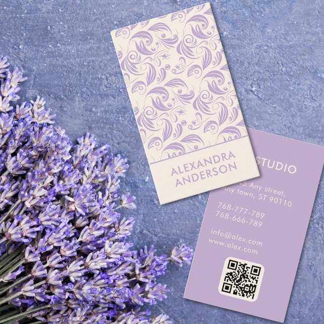 Elegant Purple Lavender Floral Pattern QR Code Business Card (Elegant Purple Lavender Floral Pattern QR Code Business Card)