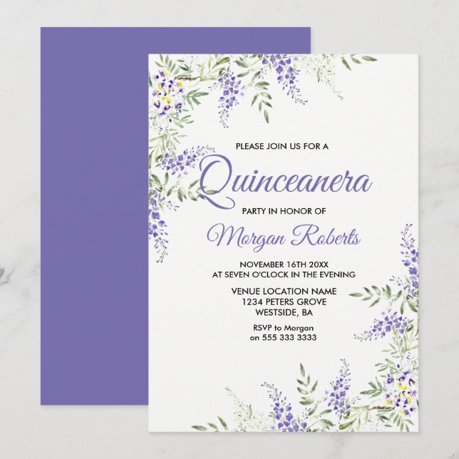 Elegant Purple Lavender Floral Quinceanera Invite (Front/Back)