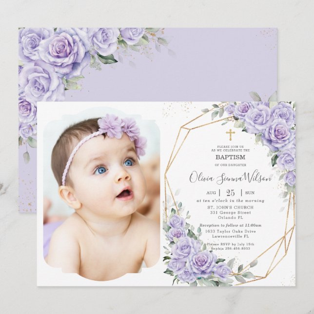 Elegant Purple Lavender Roses Floral Baptism Photo Invitation (Front/Back)