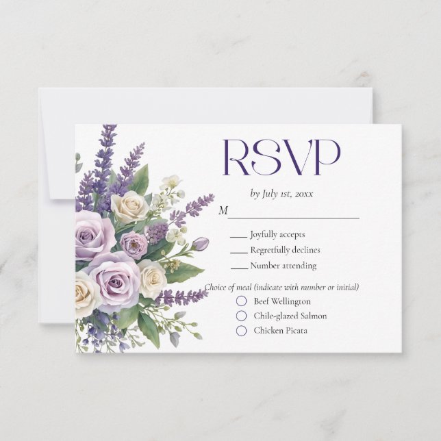 Elegant Purple Lavender Roses Wedding Meal Choice RSVP Card (Front)