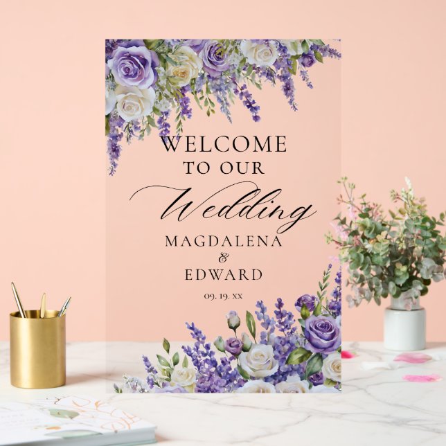 Elegant Purple Lavender Roses Wedding Welcome Acrylic Sign (Wedding)