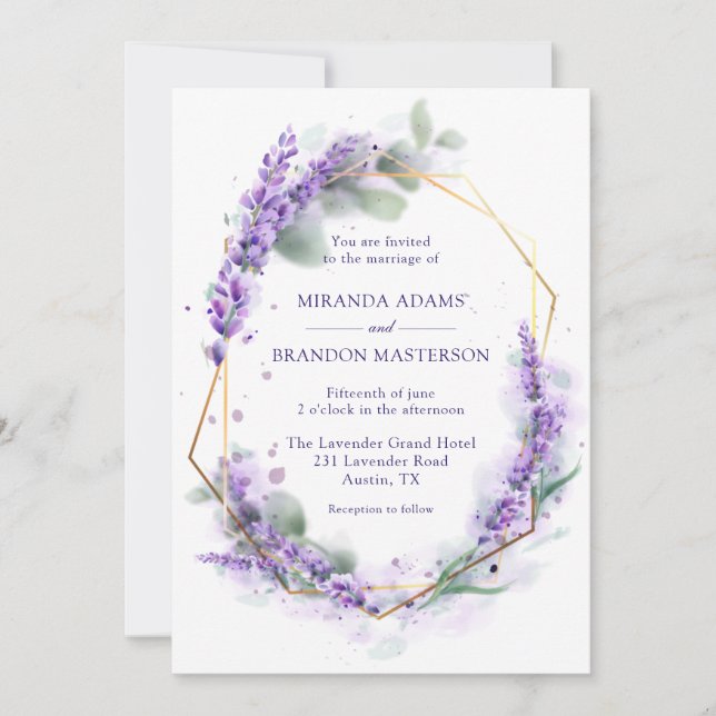 Elegant Purple Lavender Watercolor Floral Wedding  Invitation (Front)