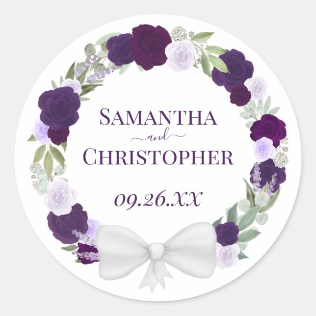 Elegant Purple & Lavender Wreath of Roses Wedding Classic Round Sticker (Front)