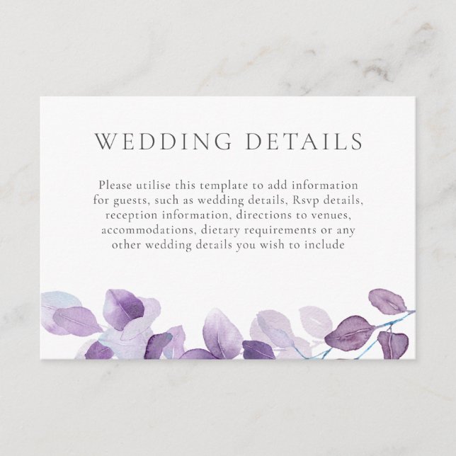  Elegant Purple Leaf Wedding Details Reception Enclosure Card (Front)