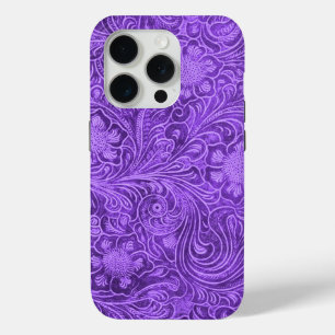 Elegant Purple Leather Look Floral Embossed Design iPhone 15 Pro Case