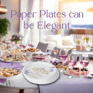 Elegant Purple Leaves Gold Tiara Quinceañera Paper Plate