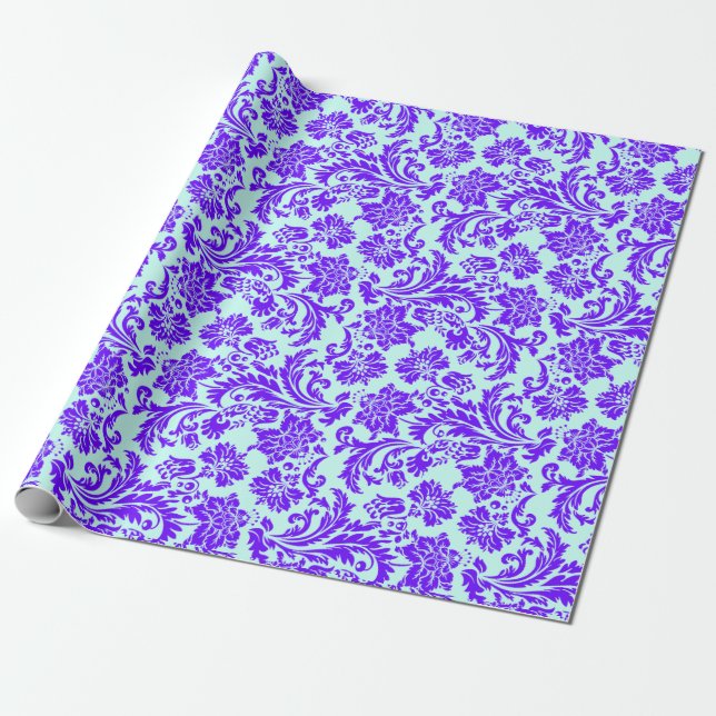 Elegant Purple & Light Blue Floral Damasks Wrapping Paper (Unrolled)