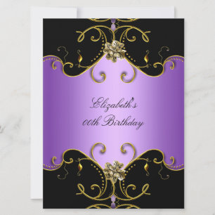 Elegant Purple Lilac Black Gold Floral Birthday Invitation