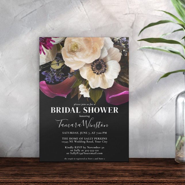 Elegant Purple Lilac Floral Black Bridal Shower Invitation (Creator Uploaded)