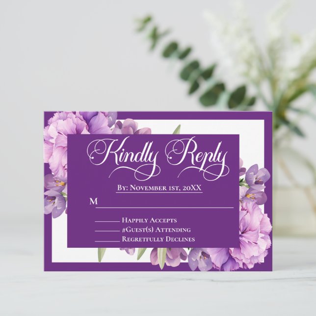 Elegant Purple Lilac Floral Islamic Wedding RSVP Card (Standing Front)