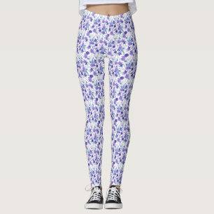Elegant Purple Lilac Floral On White Leggings