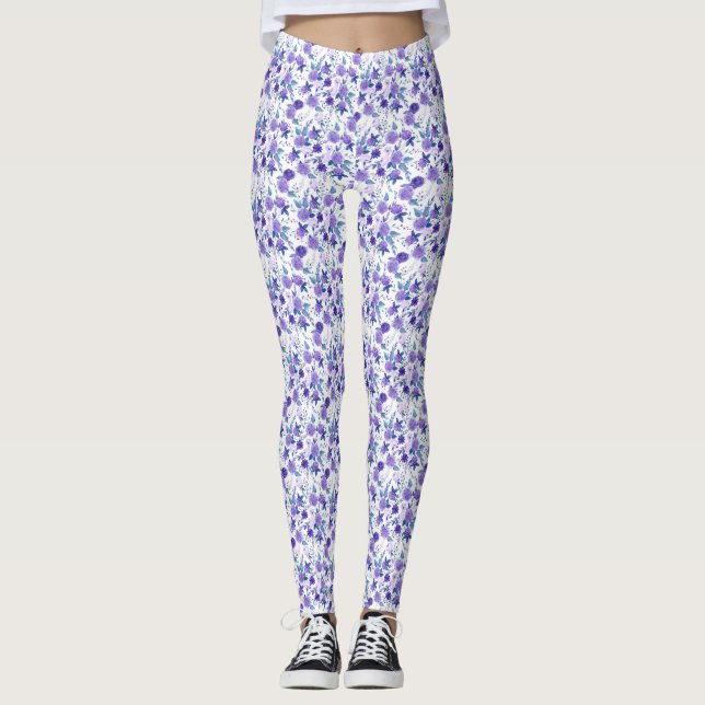 Elegant Purple Lilac Floral On White Leggings (Front)