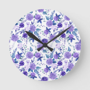 Elegant Purple Lilac Floral On White Round Clock
