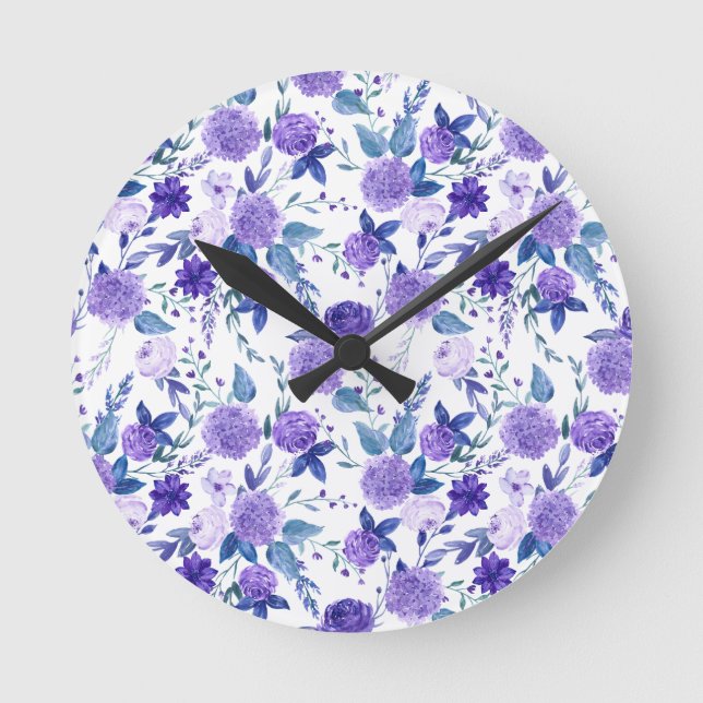 Elegant Purple Lilac Floral On White Round Clock (Front)