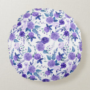 Elegant Purple Lilac Floral On White Round Cushion