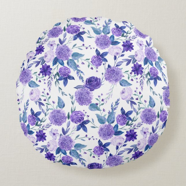 Elegant Purple Lilac Floral On White Round Cushion (Front)