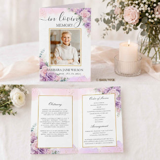 Elegant Purple Lilac Floral Photo Funeral Memorial Programme