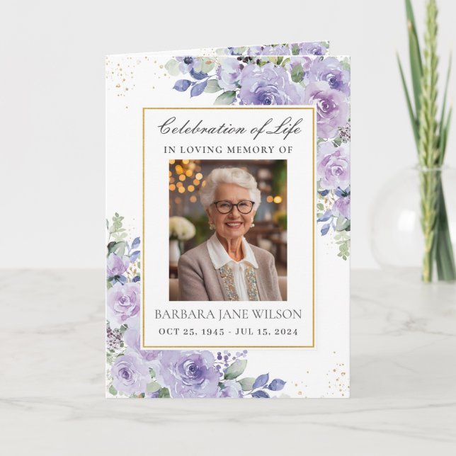 Elegant Purple Lilac Floral Photo Funeral Memorial Programme (Front)
