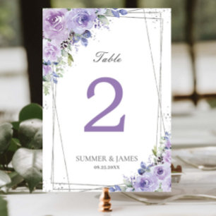 Elegant Purple Lilac Floral Silver Wedding Bridal Table Number