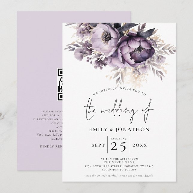 Elegant Purple Lilac Florals QR Code Wedding Invitation (Front/Back)